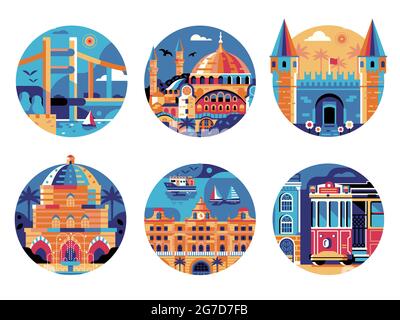 Istanbul Travel monuments Circle Icons Set Illustration de Vecteur