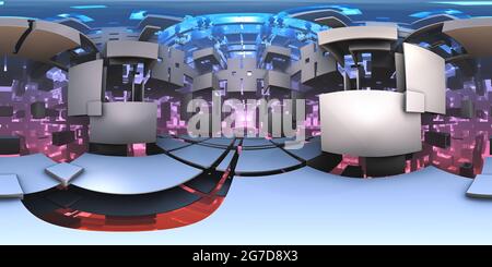 Vue panoramique à 360° de labyrinthe extraterrestre à 360 degrés, arrière-plan de labyrinthe abstrait, projection équirectangulaire, carte de l'environnement. Panorama sphérique HDRI. illustration 3d