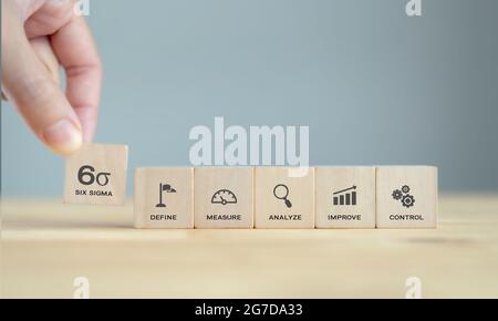 Prenez à la main six sigma icône sur des cubes en bois debout sur une table en bois avec fond bleu, ton propre. Le contrôle qualité de la technologie industrielle DMAIC, Banque D'Images