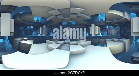 Vue panoramique à 360° de labyrinthe extraterrestre à 360 degrés, arrière-plan de labyrinthe abstrait, projection équirectangulaire, carte de l'environnement. Panorama sphérique HDRI. illustration 3d