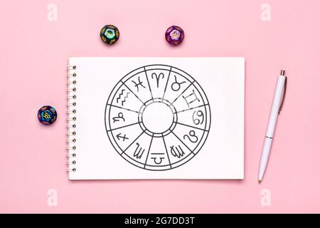 Horoscope cercle avec douze signes de zodiaque sur le papier, divination dice, pierre colorée sur fond rose la narration de Fortune et prédictions d'astrologie Banque D'Images