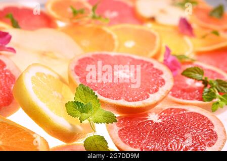 agrumes. Beaucoup de fruits d'agrumes tranchés. Gros plan avec lumière dure. Les pétales de menthe décorent le pamplemousse et l'orange Banque D'Images