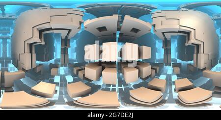 Vue panoramique à 360° de labyrinthe extraterrestre à 360 degrés, arrière-plan de labyrinthe abstrait, projection équirectangulaire, carte de l'environnement. Panorama sphérique HDRI. illustration 3d