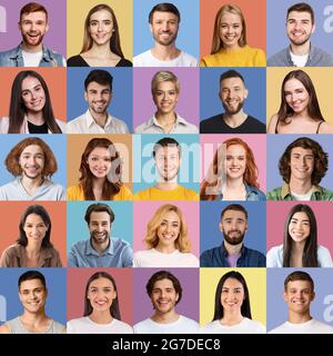 Des jeunes gais qui se posent sur des arrière-plans de studio colorés Banque D'Images