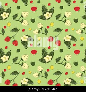 Motif sans couture d'été avec trait décalé fruits de fraise, fleurs, feuilles et taches d'abcès, rouge, vert, jaune couleurs pour le textile, couverture, décoration, illustration vectorielle d'arrière-plan Illustration de Vecteur