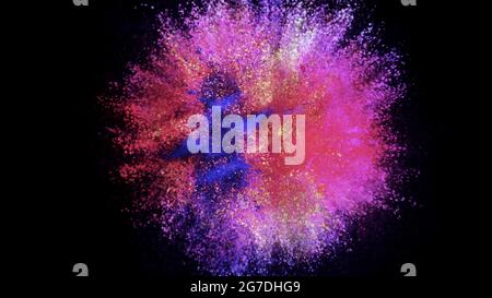 Rendu 3D d'une explosion colorée de particules de couleur sur fond noir. Un fond lumineux pour votre présentation, vos actualités ou votre publicité. Scatt Banque D'Images