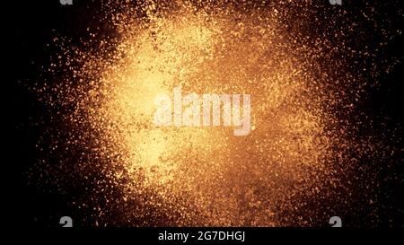 Rendu 3D de l'explosion colorée de particules jaunes d'or sur fond noir. Un fond lumineux pour votre présentation, vos actualités ou votre publicité. S Banque D'Images