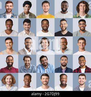 Portraits d'hommes multiraciaux positifs souriant à l'appareil photo Banque D'Images