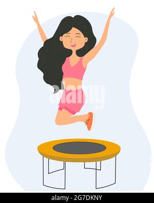 Adorable petite fille de dessin animé sautant sur le trampoline Illustration de Vecteur