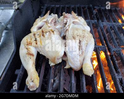 Poulet à la fleur de bruyère à motif de cratchcoché de Roam Butcher's Shop et Cook's Venture, grillades sur un barbecue de jardin en préparation de la fête des pères, Lafayette, Californie, le 19 juin 2021. () Banque D'Images