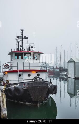 Le remorqueur nommé Danielle sur la marina d'Oakland Bay sur Puget Sound au sud, un matin brumeux, Shelton, Washington, États-Unis [aucune autorisation de propriété; licence éditoriale Banque D'Images