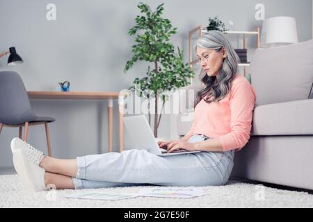 Profil vue latérale portrait d'une femme attirante sérieuse focalisée utilisant un ordinateur portable assis sur la moquette tapissant au sol à la maison à l'intérieur plat Banque D'Images