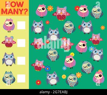 Dessin animé Illustration du jeu éducatif d'activité de comptage pour les enfants avec des personnages d'oiseau. Illustration de Vecteur