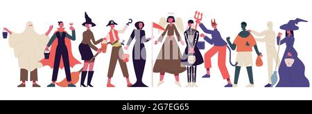 Personnages de fête d'Halloween. Célébrez les gens dans les costumes d'halloween, halloween effrayant ensembles partie illustration vectorielle. Trick or Treat personnages Illustration de Vecteur