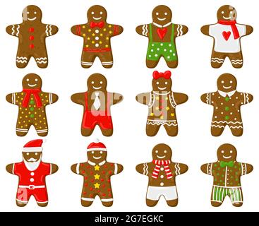 Homme de pain d'épice de vacances. Gâteries traditionnelles de Noël, pain d'épice délice homme biscuits dessin animé vecteur jeu d'illustrations. Biscuits d'homme de pain d'épice de Noël Illustration de Vecteur