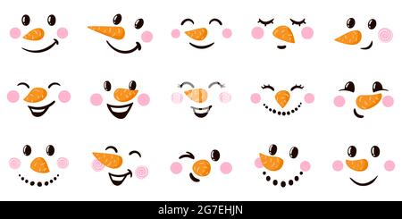 Visages de dessin animé de bonhomme de neige. Visages drôles de bonhomme de neige avec diverses émotions, Noël émoticônes de bonhomme de neige ensemble d'illustrations vectorielles. Visages de bonhomme de neige mignons Illustration de Vecteur