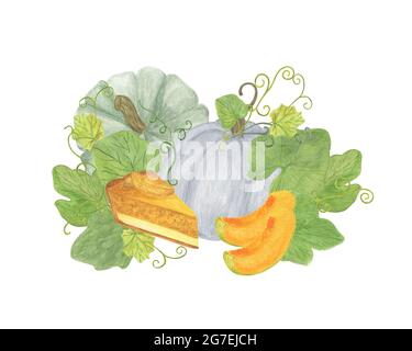 Arrangement de citrouilles mûres d'automne aquarelle illustration, orange vert saison automne vacances composition florale pour halloween et Thanksgiving, décoration de maison, invitations de mariage, cartes Banque D'Images