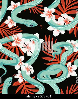 Motif sans couture avec serpents et plantes. Papier peint couleur sur un thème tropical sur un fond contrasté. Illustration de Vecteur
