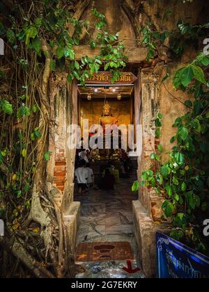 Ancienne statue de Bouddha recouverte d'arbres dans le camp Wat Bang Kung, Prok Bodhi Ubosot, à Samut Songkhram, en Thaïlande Banque D'Images