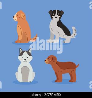 quatre icônes animaux de compagnie chiens mignons Illustration de Vecteur