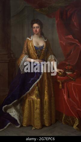 Reine Anne (1665-1714). Reine de Grande-Bretagne et d'Irlande (1702-1714). Elle fut la première souveraine de Grande-Bretagne et la dernière des monarques Stuart. Portrait de Michael Dahl (1659-1743). Huile sur toile (236,8 x 144,8 cm), env. 1702. Musée national du portrait. Londres, Angleterre, Royaume-Uni. Banque D'Images