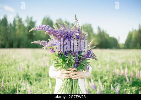 Une fille hippie tenant un bouquet de fleurs sauvages dans ses mains. Une fille cacha son visage derrière un bouquet de lupins. La fille tient un grand bouquet de lupins violets dans un Banque D'Images