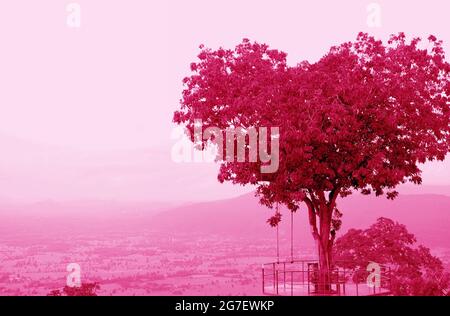 Pop Art de style surréaliste arbre en forme de coeur contre ciel nuageux avec couleur magenta Banque D'Images