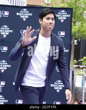 Denver, États-Unis. 13 juillet 2021. Los Angeles Angels Shohei Ohtani pose lors du spectacle All-Star Red Carpet de MLB à Coors Field à Denver, Colorado, le mardi 13 juillet 2021. Photo de Bob Strong/UPI crédit: UPI/Alay Live News Banque D'Images