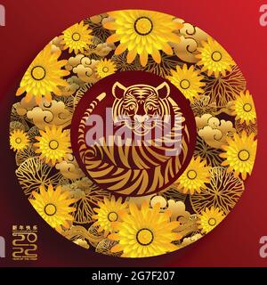 Nouvel an chinois 2022 année du tigre fleur rouge et or et éléments asiatiques papier coupé avec style artisanal sur fond. Illustration de Vecteur