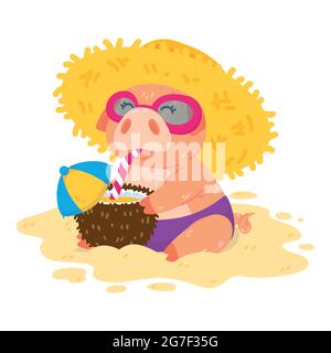 Pigeon sur la plage dans un chapeau de paille, lunettes de soleil et un cocktail dans une noix de coco. Le cochon est assis sur le sable. Illustration vectorielle mignonne isolée sur blanc Illustration de Vecteur