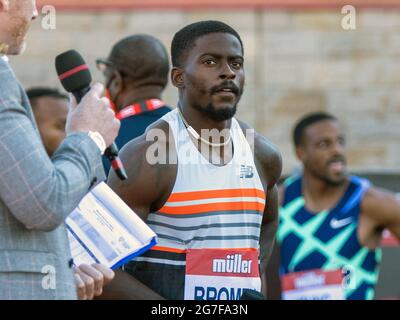 Gateshead, Angleterre, Royaume-Uni. 13 juillet 2021. Trayvon Bromell, des États-Unis, après avoir remporté la finale masculine de 100 mètres, lors du Grand Prix britannique Gateshead 2021 Müller, au stade international de Gateshead. Crédit : Iain McGuinness/Alay Live News Banque D'Images