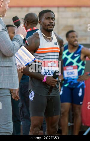 Gateshead, Angleterre, Royaume-Uni. 13 juillet 2021. Trayvon Bromell, des États-Unis, après avoir remporté la finale masculine de 100 mètres, lors du Grand Prix britannique Gateshead 2021 Müller, au stade international de Gateshead. Crédit : Iain McGuinness/Alay Live News Banque D'Images