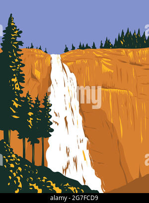 Affiche d'art WPA des chutes du Nevada sur la rivière Merced sous le dôme en granit Liberty Cap à l'ouest de Little Yosemite Valley dans le parc national de Yosemite, en Californie Illustration de Vecteur