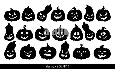 Ensemble de silhouette noire de dessin animé à motif visage de citrouille d'Halloween. Citrouilles aux visages effrayés et souriants, sourire riant, fêtes de symbole Joyeux Halloween. Museau mignon et drôle. Effrayant et effrayant dévore les yeux vecteur isolé Illustration de Vecteur