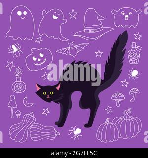 Carte d'Halloween chat, citrouille avec visage et araignée. Personnage de dessin animé Doodle champignon, griffé à la ligne de chaton. Chapeau de sorcière, joli fantôme, carte postale plate Halloween fête de Noël. Illustration vectorielle Illustration de Vecteur