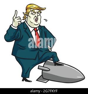 Donald Trump se tient sur les missiles nucléaires. Illustration du vecteur de dessin animé Illustration de Vecteur