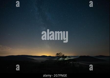 Vorderweidenthal, Allemagne. 10 juillet 2021. Les étoiles avec la voie lactée se tiennent au-dessus de la forêt du Palatinat. La Réserve de biosphère forestière du Palatinat a lancé le projet du parc forestier des étoiles du Palatinat afin de sensibiliser le public à la pollution lumineuse. (À dpa 'l'Astrotourisme dans la tendance - le projet doit réduire la pollution lumineuse') crédit: Sebastian Gollnow/dpa/Alamy Live News Banque D'Images