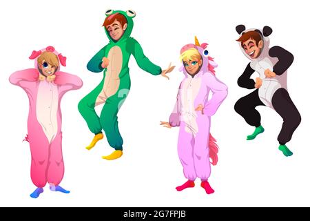 Personnages en costumes d'animaux, personnes en kigurumi sur la fête de pyjama. Ensemble de dessins animés vectoriels d'hommes et de femmes heureux en pyjama amusant de cochon, licorne, grenouille et panda isolé sur fond blanc Illustration de Vecteur