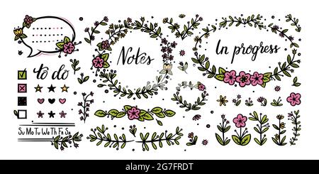 Élément floral de journal de balle pour la décoration. Séparateurs de fleurs et calligraphie manuscrite pour motifs de journal. Illustration vectorielle Doodle isolée dans Illustration de Vecteur