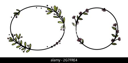 Cloisons rustiques avec fleurs dessinées à la main. Couronnes circulaires et ovales avec feuilles et fleurs de couleur. Illustration vectorielle Doodle isolée dans Illustration de Vecteur