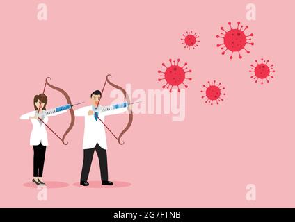 Médecins masculins et féminins luttant contre le coronavirus par seringue avec le vaccin. Concept de vaccination COVID-19. Illustration de Vecteur