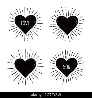 Cœur avec texte d'amour. Style d'esquisse dessiné à la main. Illustration vectorielle en forme de cœur pour cadre en forme de soleil, citation d'amour Illustration de Vecteur