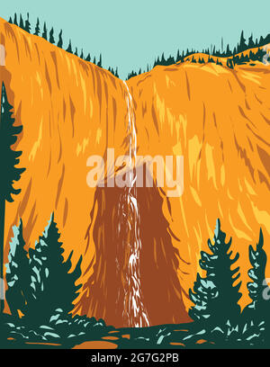 L'art de l'affiche WPA de Fairy Falls, l'une des plus hautes chutes d'eau de Yellowstone dans le parc national de Yellowstone Teton County Wyoming USA fait dans le projet de travaux Illustration de Vecteur