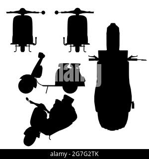 Ensemble avec silhouettes d'un scooter de moteur dans différentes positions isolées sur un fond blanc. Illustration vectorielle. Illustration de Vecteur