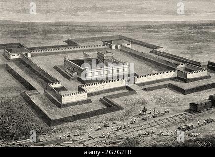 Le premier chemin transcaspien, vue d'un des quatre forts construits entre Mikhaïlovsk et Kizil-Arvat pour la protection des œuvres. Stavropol Krai, Russie. Ancienne illustration gravée du XIXe siècle de la nature 1888 Banque D'Images