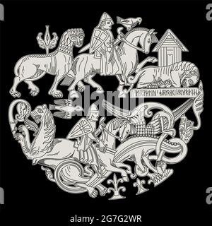 Style scandinave viking. Les vikings combattent les animaux mythiques - lions et dragons Illustration de Vecteur