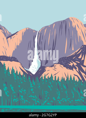 Affiche WPA des chutes de Yosemite, la plus haute chute d'eau du parc national de Yosemite situé dans la Sierra Nevada, Californie États-Unis fait en travaux projet a Illustration de Vecteur