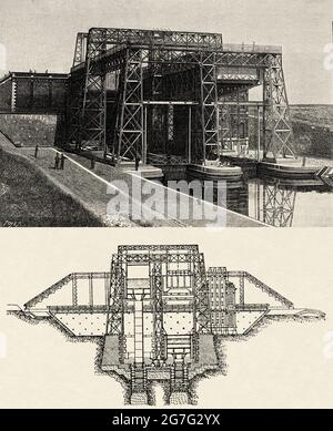 La remontée mécanique Louvière, Canal du Centre à Houdeng Goegnies près de la Louvière dans l'industrie de Sillon en Wallonie, Belgique. Europe. Ancienne illustration gravée du XIXe siècle de la nature 1888 Banque D'Images