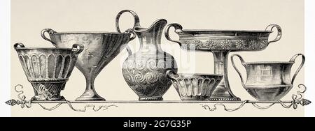 Les navires d'or de l'époque des rois de Mycenae. Carafe à vin et gobelets en forme de grec trouvés par Heinrich Schliemann dans les tombes du château de Mycenae. Grèce antique, Europe. Ancienne illustration gravée du XIXe siècle d'El Mundo Ilustrado 1880 Banque D'Images