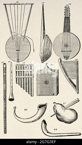 Instruments de musique mentionnés dans les psaumes. 12-13 Nebel, 14 sortes de guitare, 15-16 Halil, 17 Flûte du dieu Pan, 18-19 Harps, 21 Ugab, 20-22 Schophar. Ancienne illustration gravée du XIXe siècle d'El Mundo Ilustrado 1880 Banque D'Images